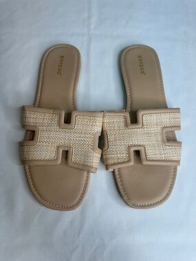 BAMBOO Tan Woven Raffia Slide Sandals